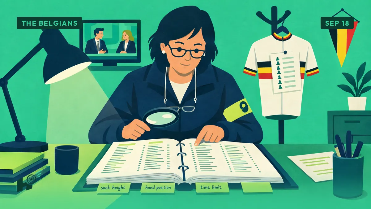 Myriam hunts for the word loyalty in a rulebook with a magnifier, an unused national jersey on the coat rack.