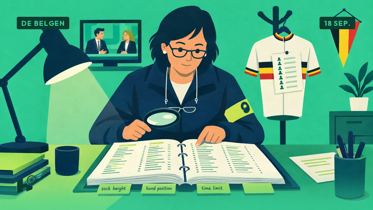 Myriam zoekt met een loep het woord loyaliteit in een reglement, een ongebruikt nationaal shirt aan de kapstok.