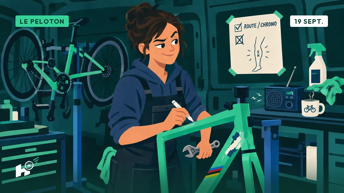 Sandrine grave un numéro de cadre dans sa camionnette, devant un bon de commande coché route et barré chrono.