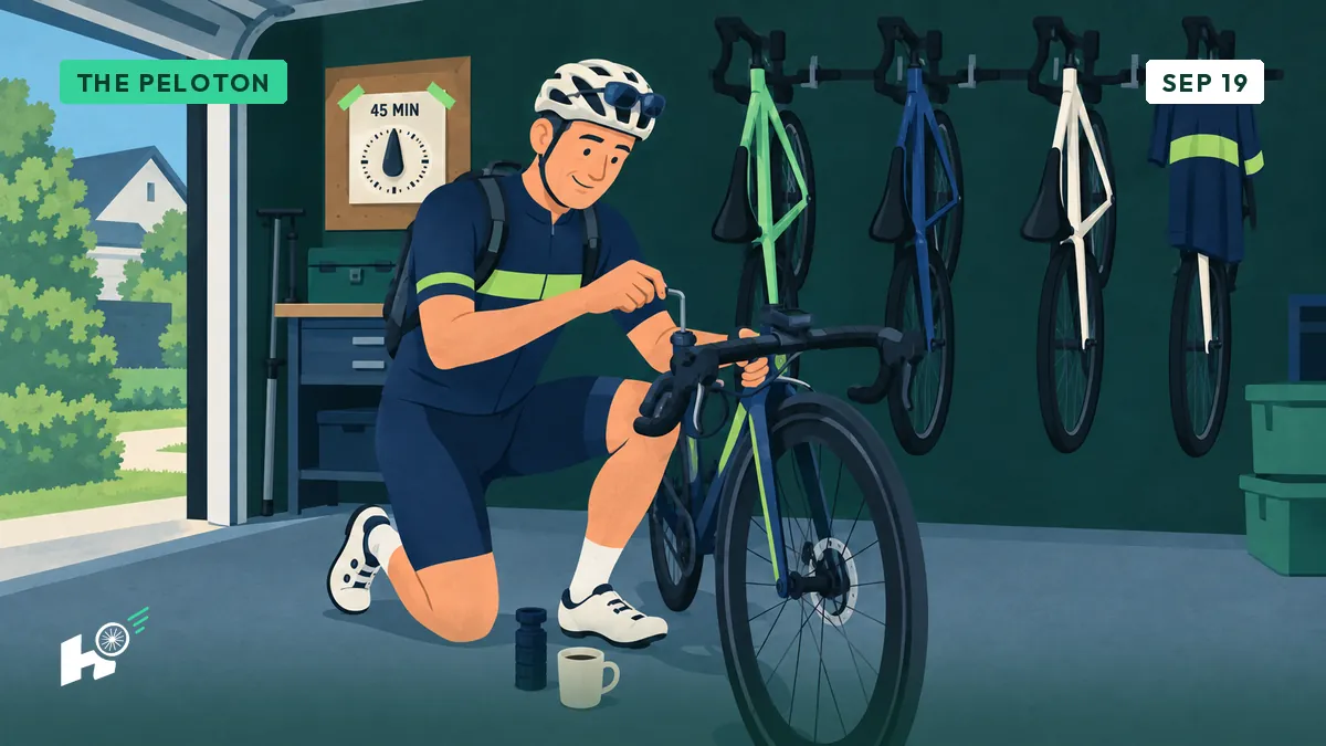 In his garage, Xavier lowers his handlebar with an Allen key, spacers and a coffee mug on the floor.