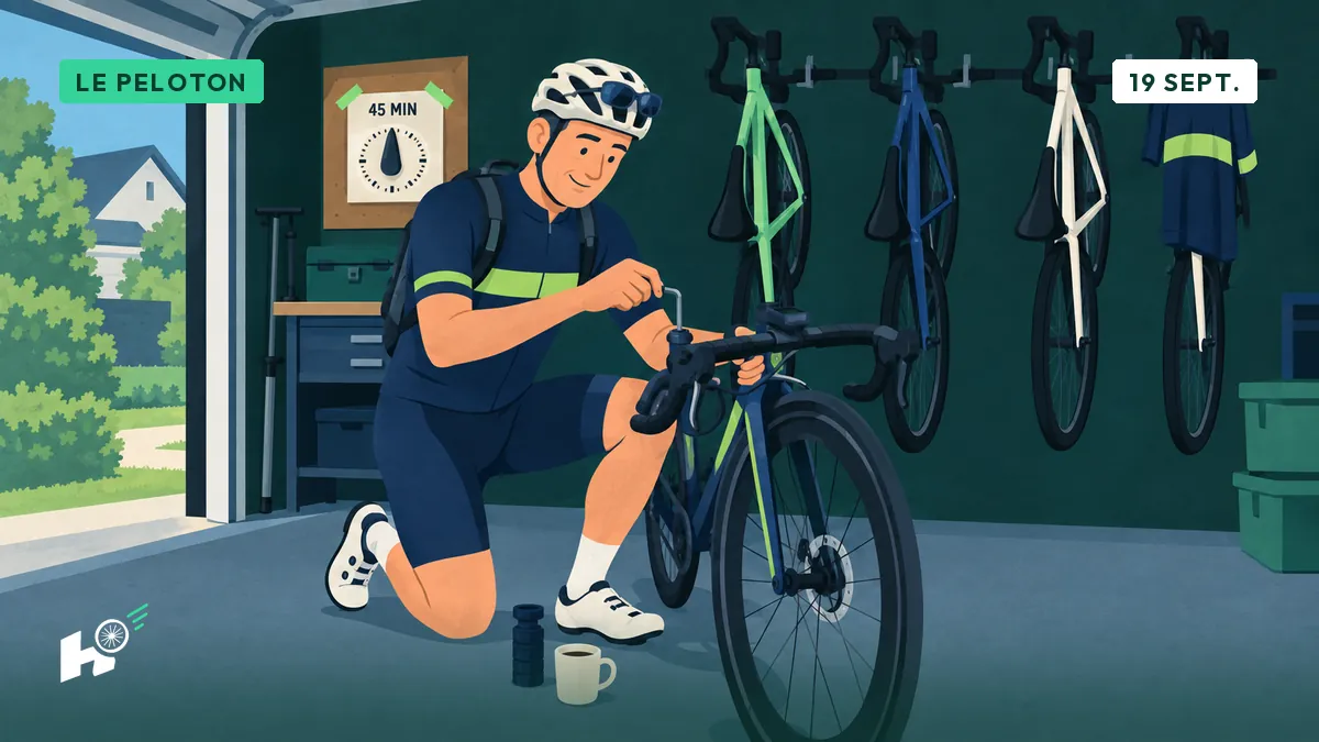 Dans son garage, Xavier abaisse le cintre de son vélo à la clé Allen, entretoises et tasse de café au sol.