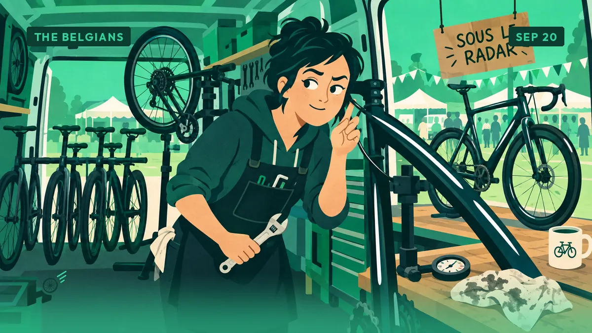 Sandrine presses her ear to a bike frame to listen to a cable; three plain bikes stand in a row behind her.