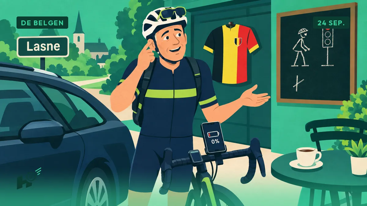 Xavier mime une oreillette imaginaire près de son vélo, téléphone à plat sur le cintre, dans son garage à Lasne.