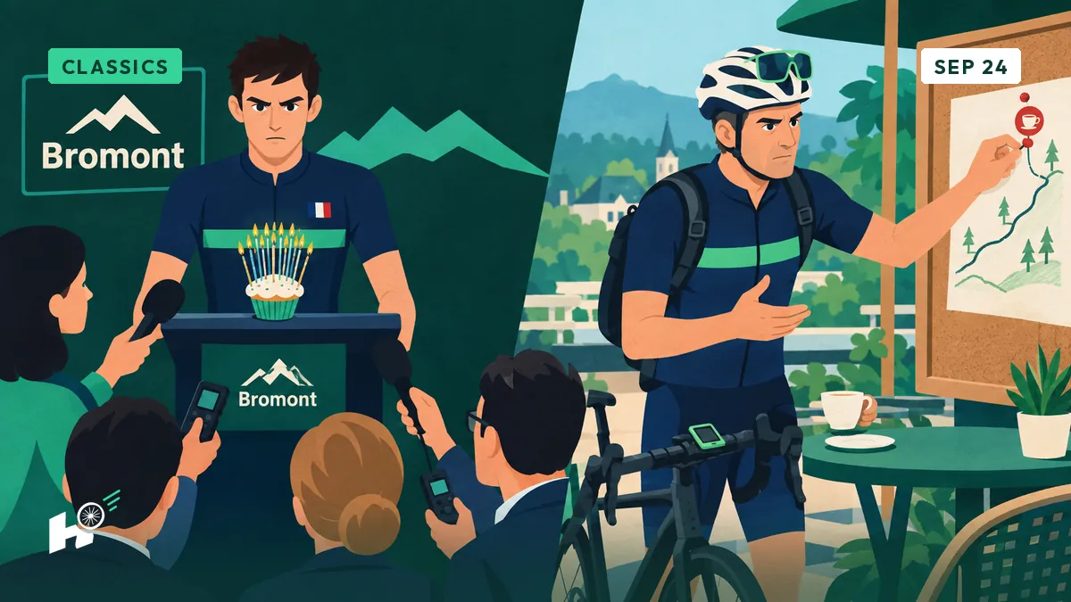 A young cyclist at a press conference beside an amateur rider pinning his own local hill onto a corkboard.