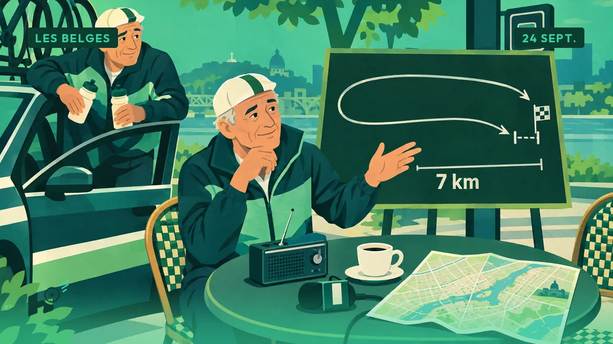 Rik commente devant un tableau montrant une échappée reprise à sept kilomètres de l'arrivée, café à la main.
