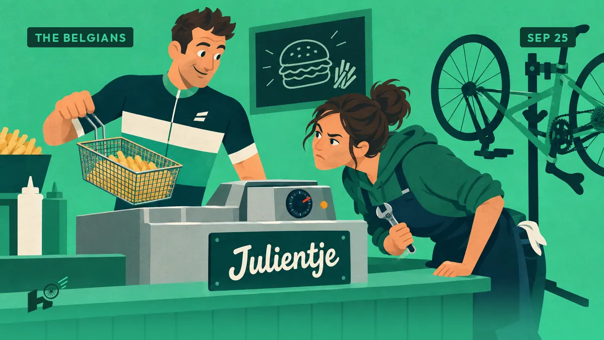 Vermeersch behind a fry-shop counter holding a frying basket, as Sandrine eyes the fryer's thermostat suspiciously.