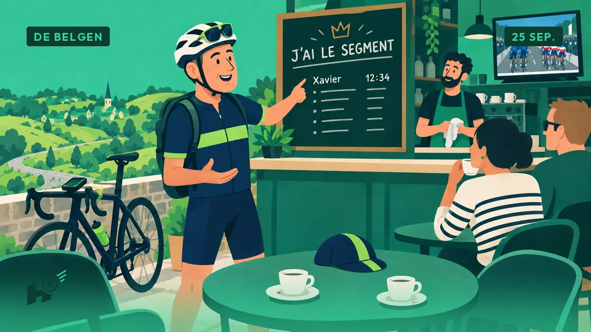 Xavier wijst trots op zijn naam bovenaan een bord in het café, met rugzak, tv toont vertrekkende renners op de achtergrond.