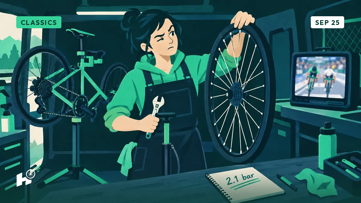 Sandrine inspects a rear wheel in her workshop, ignoring the screen where two cyclists sprint.