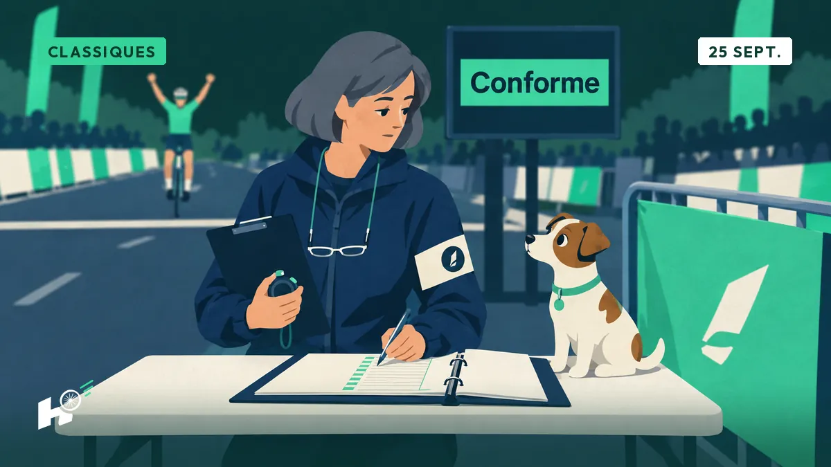 Une commissaire consulte sa farde à l'arrivée, un petit chien assis près d'elle, le vainqueur flou en arrière-plan.