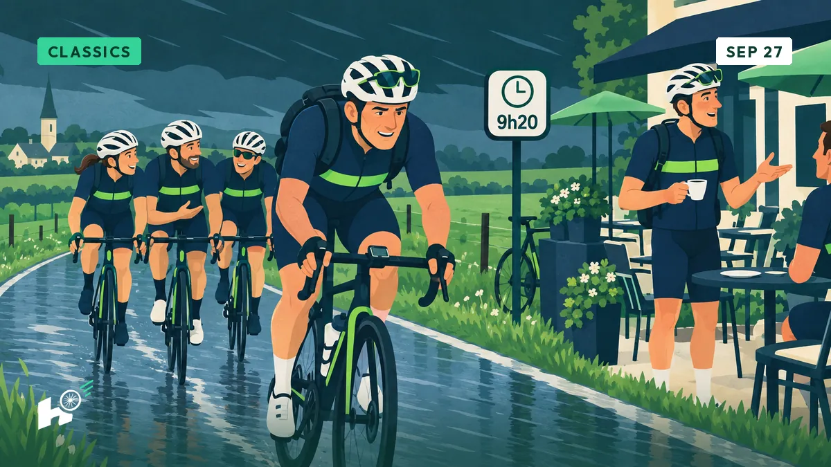 Xavier rides alone at the front of a club group into the wind, backpack on, a sign shows the departure time.