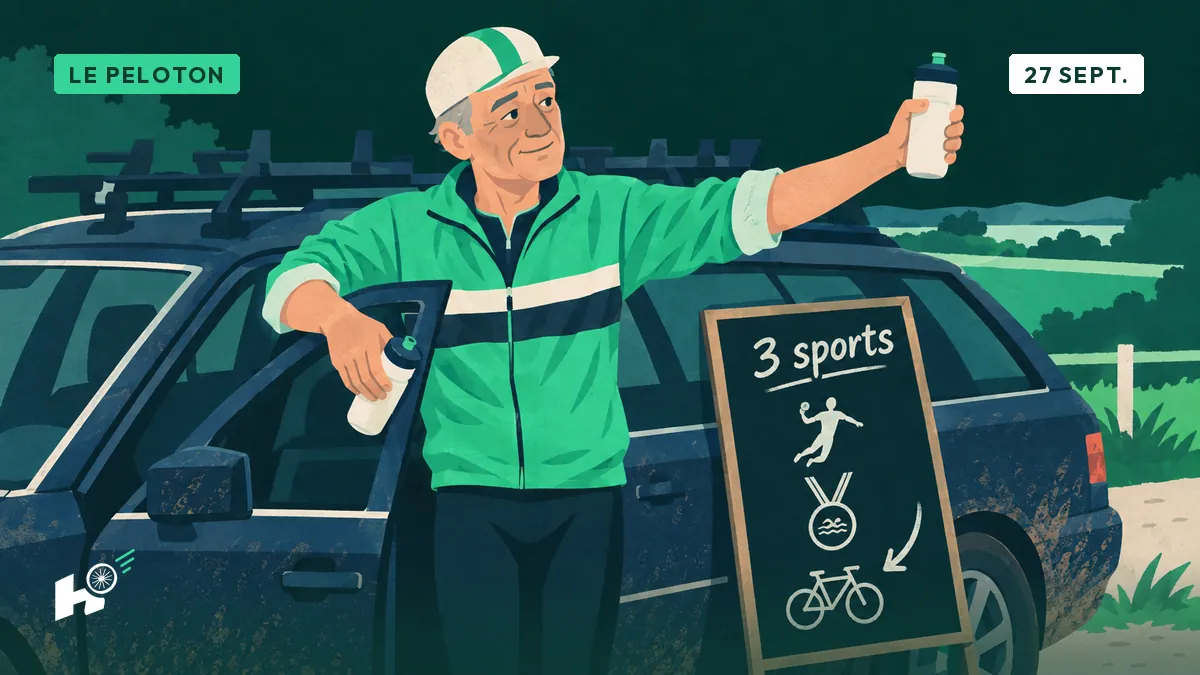 Rik tend un bidon à hauteur de voiture, un tableau derrière lui montre trois sports reliés par une flèche vers le vélo.