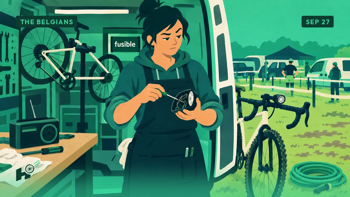 Sandrine, in her repair van, inspects a wire and a dead bike lamp, screwdriver in hand.