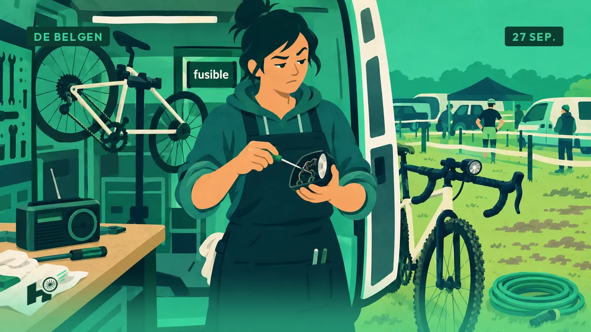 Sandrine onderzoekt in haar werkbusje een kabel en een gedoofde fietslamp, met schroevendraaier in de hand.