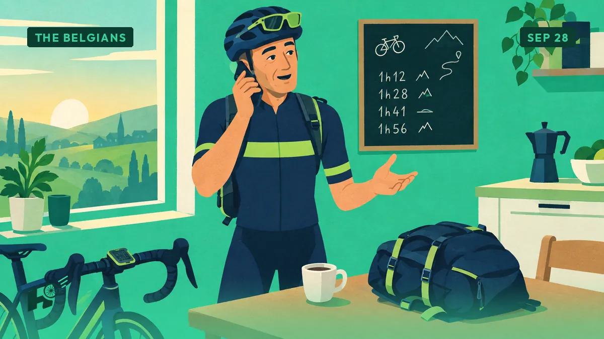 Xavier au téléphone dans sa cuisine, sac à dos et café sur la table, un tableau de ses propres temps au mur.