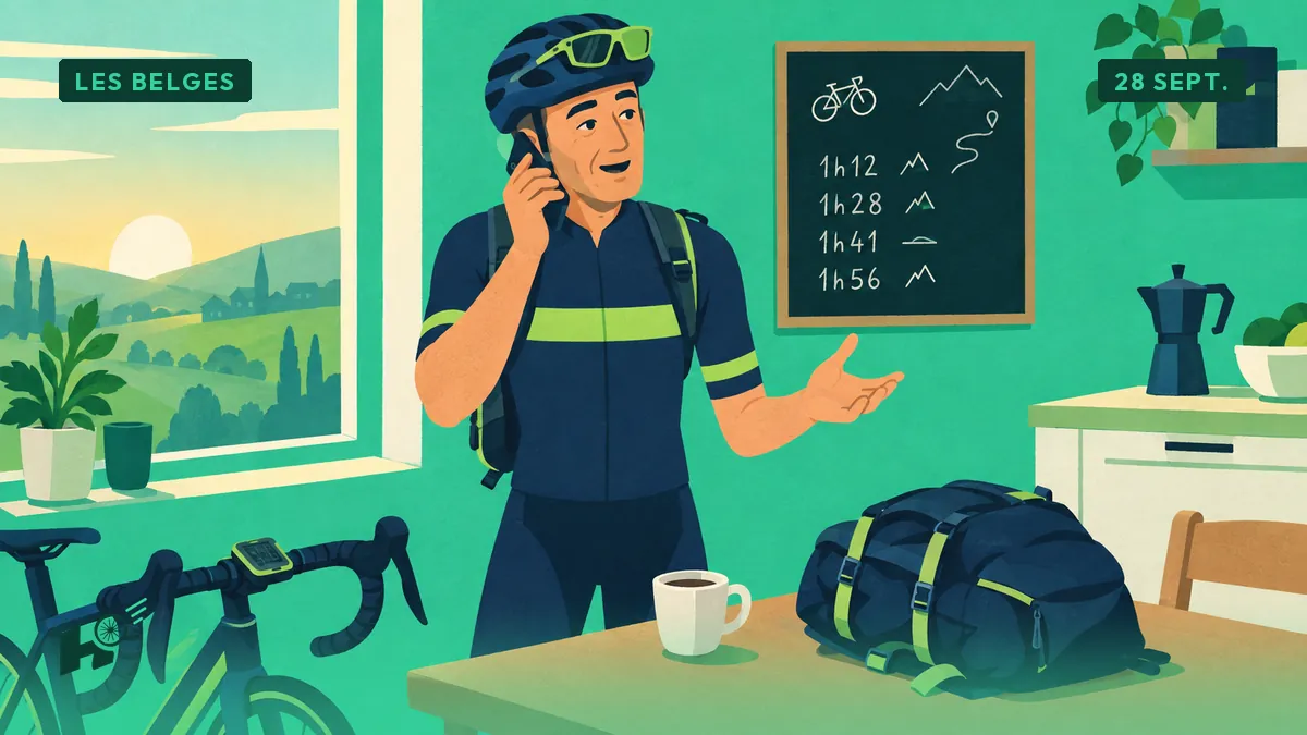 Xavier au téléphone dans sa cuisine, sac à dos et café sur la table, un tableau de ses propres temps au mur.