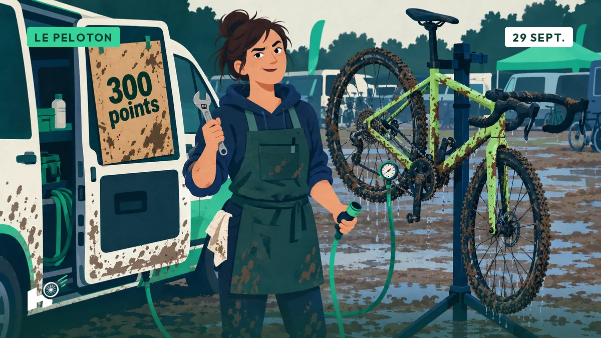 Sandrine, tuyau d'arrosage et raccord neuf en main, lave un vélo de cross boueux sur un parking, à côté d'un panneau de points.
