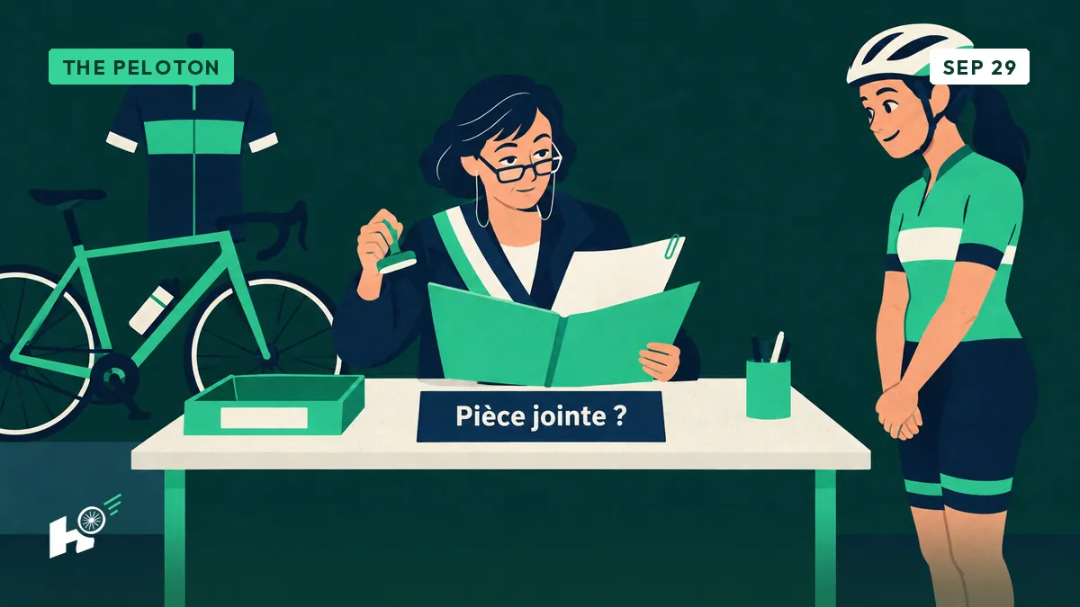 Myriam at her municipal desk holds a stamp over a blank plan with no attachment, facing a smiling female cyclist waiting.