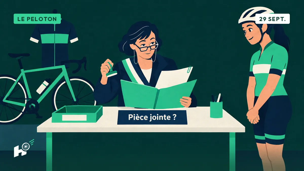 Myriam, à son bureau de commune, tient un tampon au-dessus d'un plan vierge sans pièce jointe, face à une cycliste qui attend en souriant.