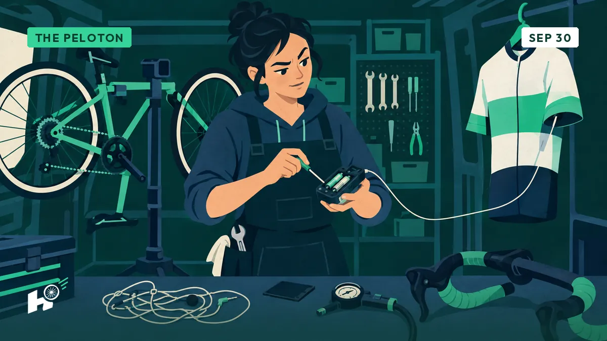 Sandrine, dans sa camionnette d'atelier, change les piles d'un boîtier radio, à côté d'un manomètre, d'un cintre et d'un fil emmêlé.
