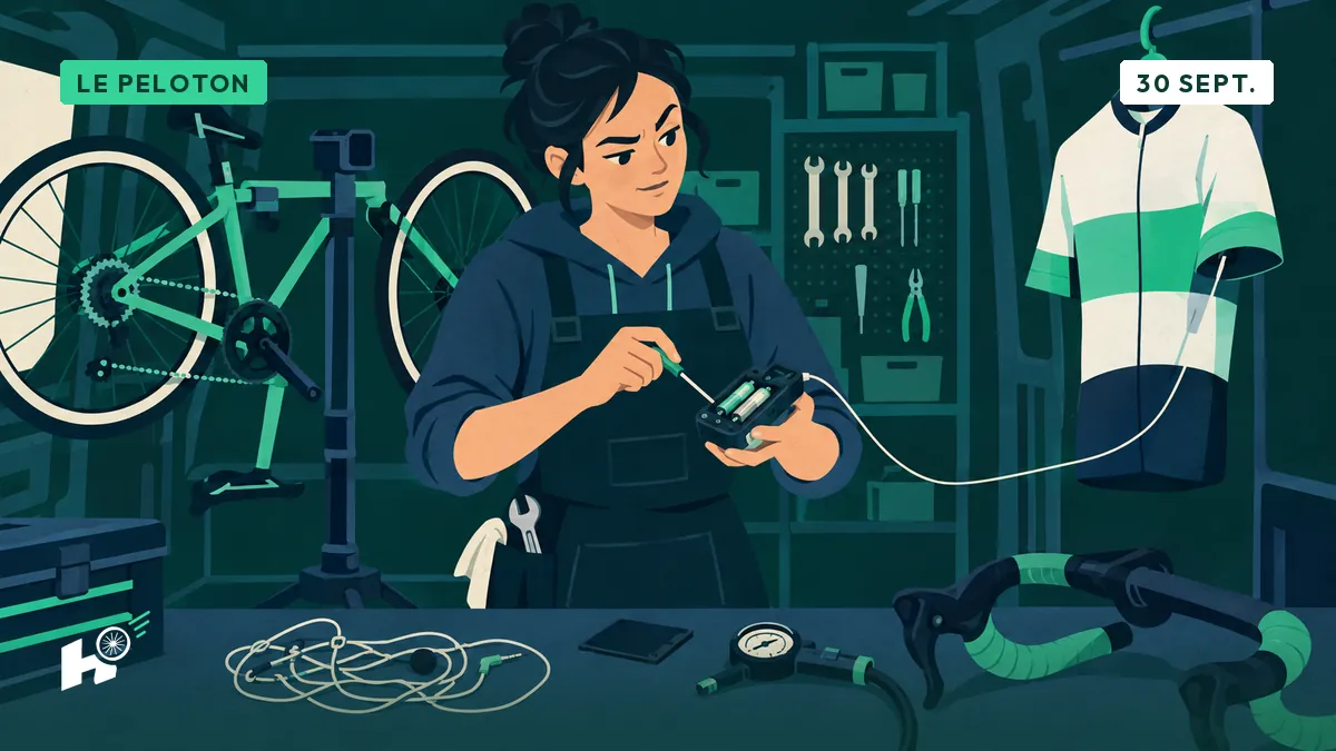 Sandrine, dans sa camionnette d'atelier, change les piles d'un boîtier radio, à côté d'un manomètre, d'un cintre et d'un fil emmêlé.