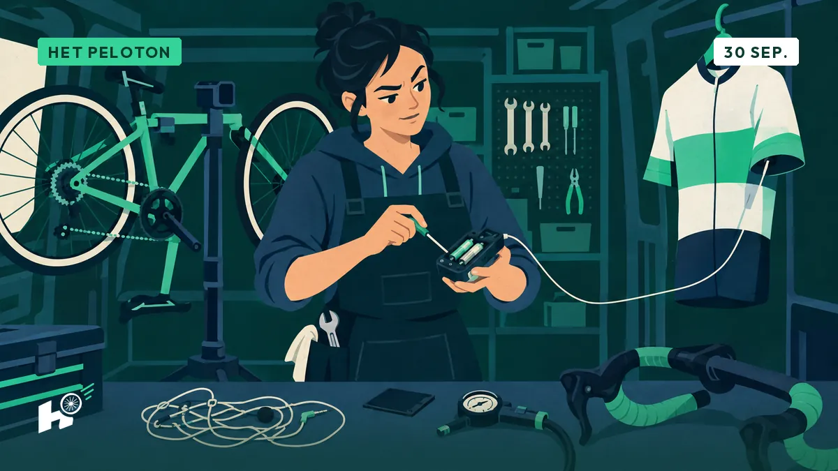 Sandrine, dans sa camionnette d'atelier, change les piles d'un boîtier radio, à côté d'un manomètre, d'un cintre et d'un fil emmêlé.