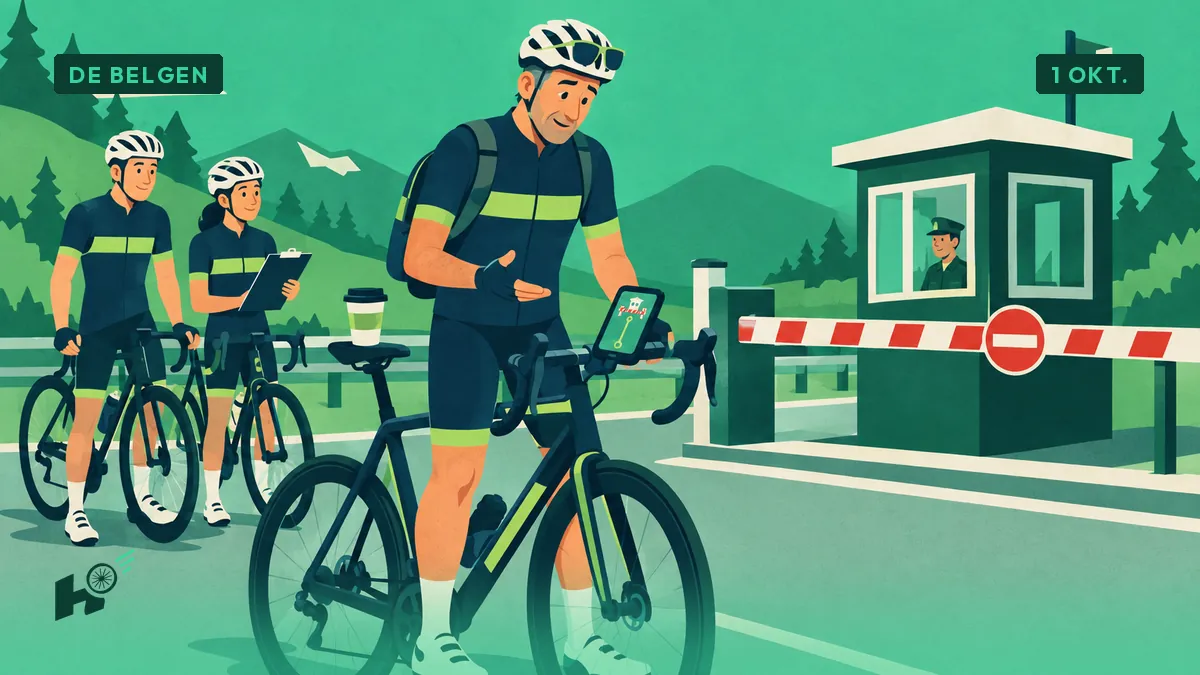 Xavier met rugzak kijkt naar zijn fietscomputer waar een route abrupt stopt bij een grensbarrière, waar twee fietsers wachten.