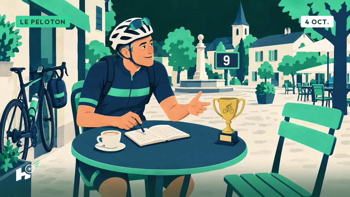 Xavier, à la terrasse d'un café, consulte son carnet de sorties à côté d'une jatte de café, son vélo et son sac à dos appuyés au mur.