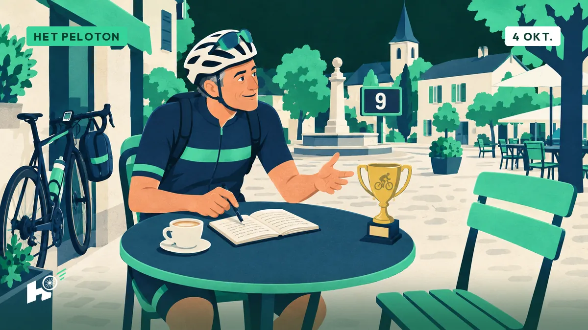 Xavier, à la terrasse d'un café, consulte son carnet de sorties à côté d'une jatte de café, son vélo et son sac à dos appuyés au mur.