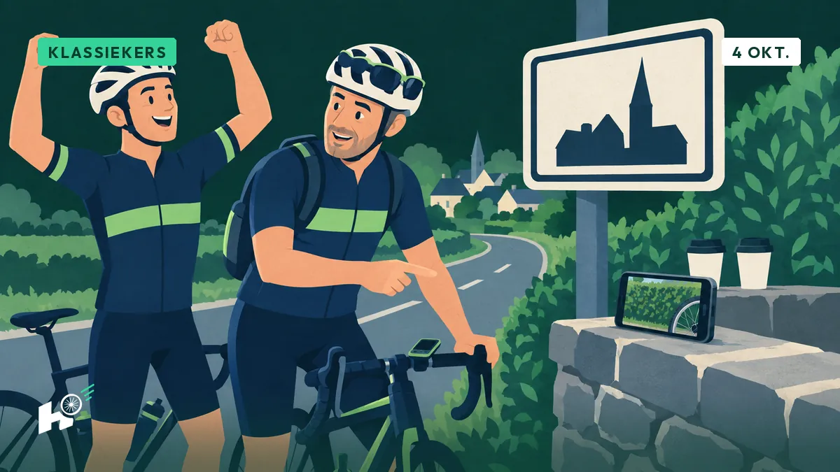 Xavier wijst naar een telefoon op een muurtje waarop alleen een haag te zien is, terwijl een fietser zijn armen opsteekt bij een bord.