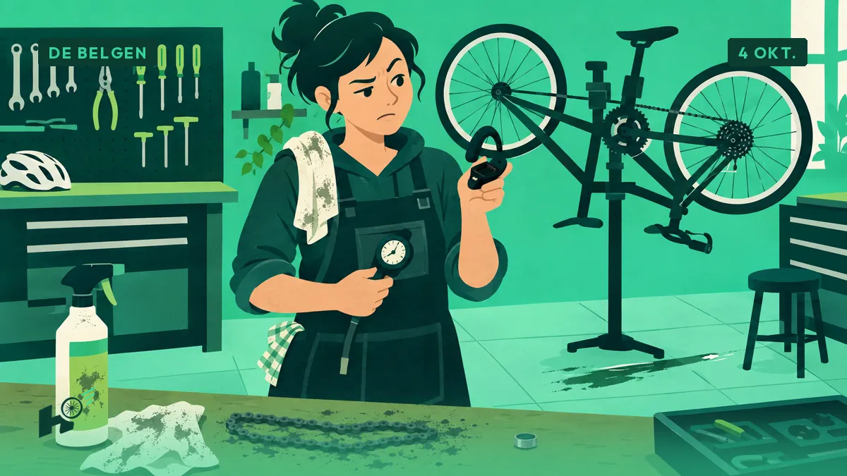 Sandrine in haar werkplaats houdt een oortje met leeg batterijvak en een bandenmeter vast, een olievlek op de vloer.
