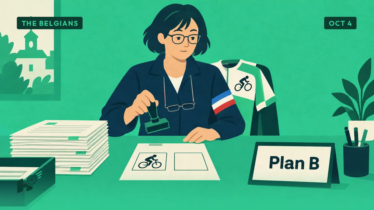Myriam at her municipal desk stamps a form with one box left empty, next to a box filled with a drawn cyclist.