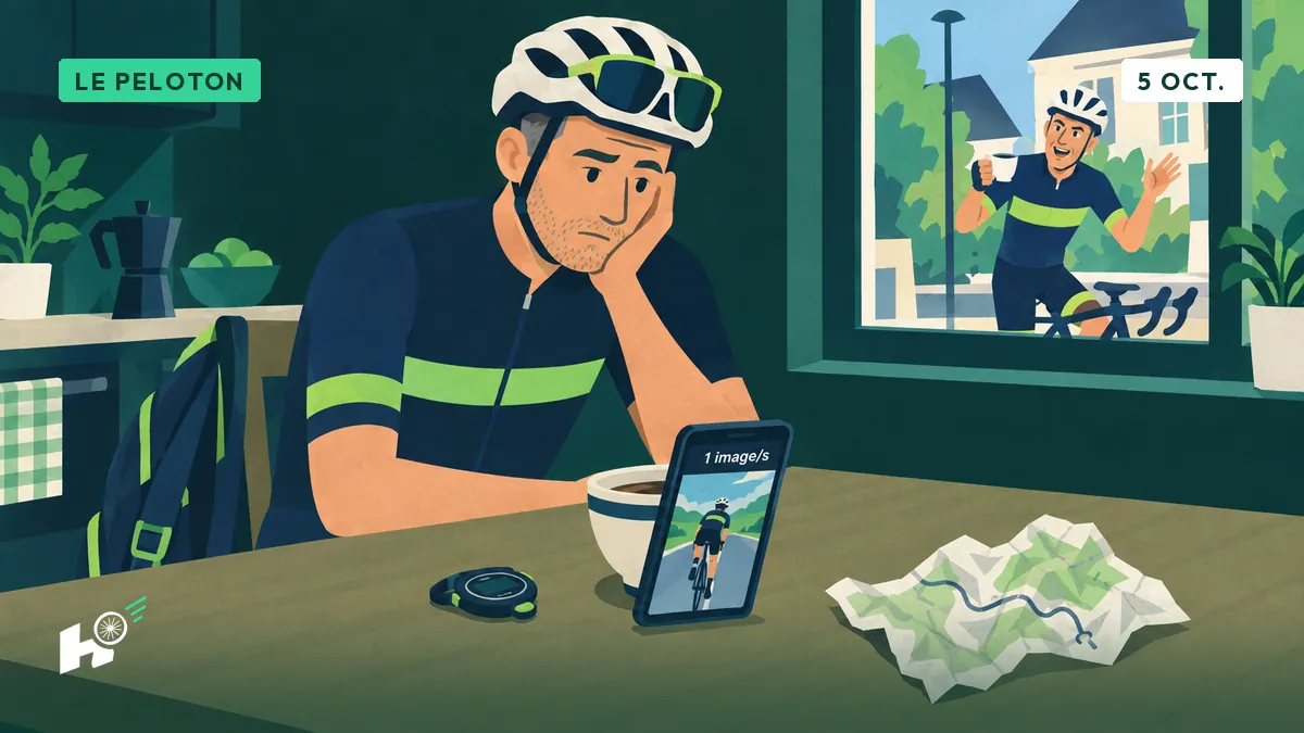 Xavier, seul à sa table de cuisine, fixe l'écran de son compteur de vélo sur son téléphone, un sac à dos sur sa chaise.