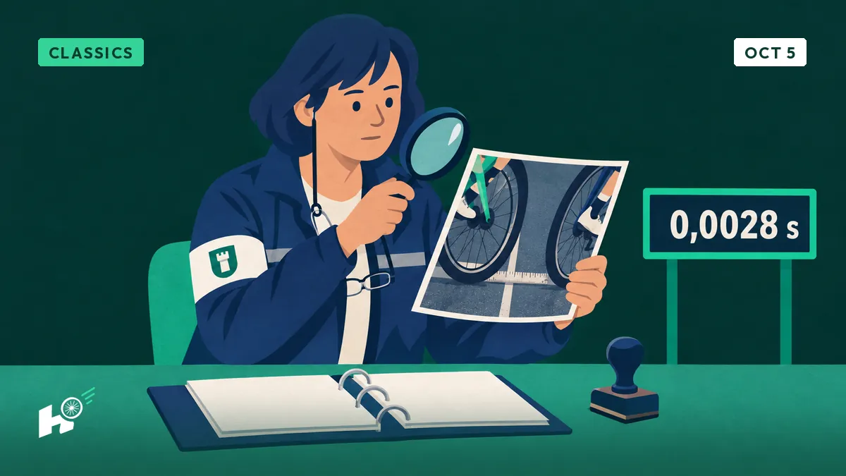 Myriam studies a photo-finish through a magnifying glass at her desk, binder open and stamp ready, two wheels on the line.