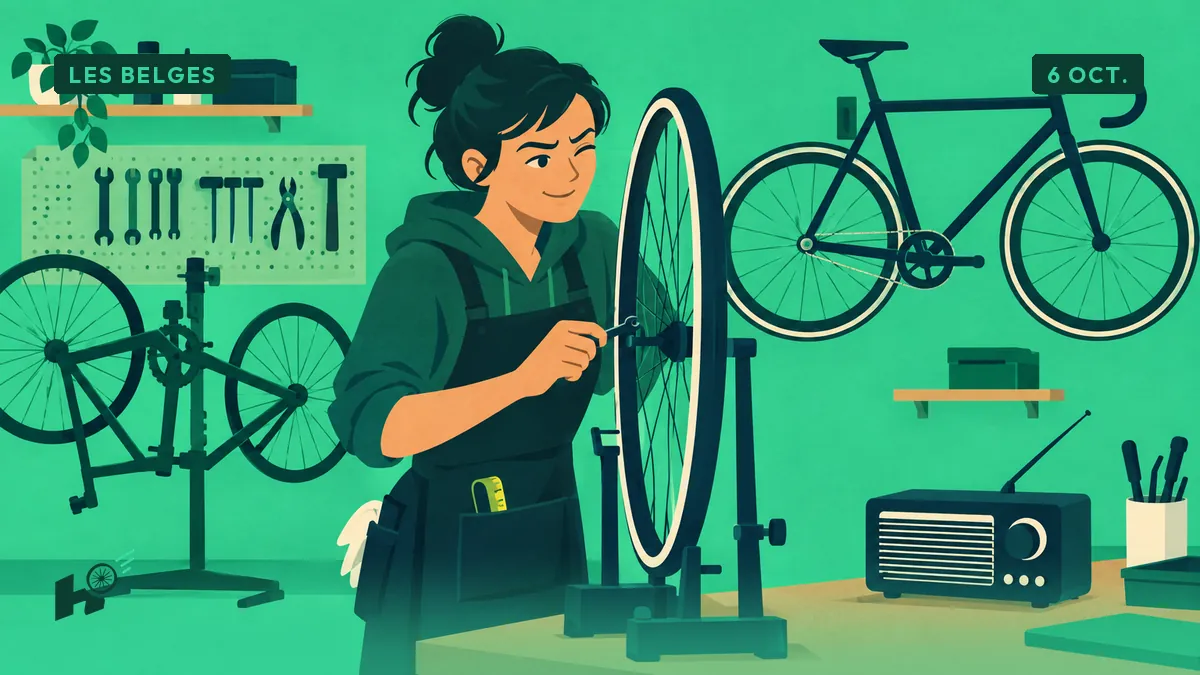 Sandrine, dans son atelier, dévoile une roue de piste sur le pied d'atelier, clé à rayons en main, radio posée sur l'établi.