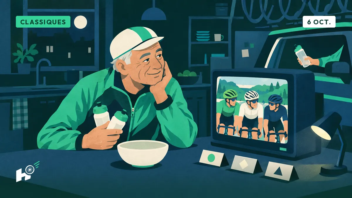 Rik, dans sa cuisine, regarde à la télé trois coureurs côte à côte, un bol vide devant lui et une petite lampe de bureau sur la table.