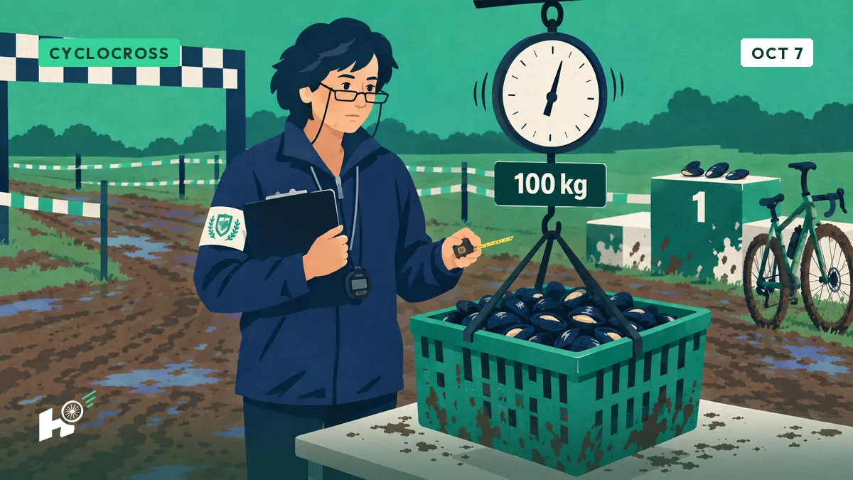 Myriam, a race commissioner, weighs a big crate of mussels on a scale at a cyclocross finish, clipboard in hand, looking very serious.