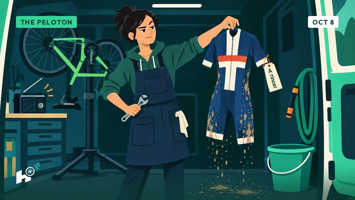 Sandrine, a mechanic, holds up a dusty skinsuit with a tag reading « À rincer », a bucket and hose beside her.