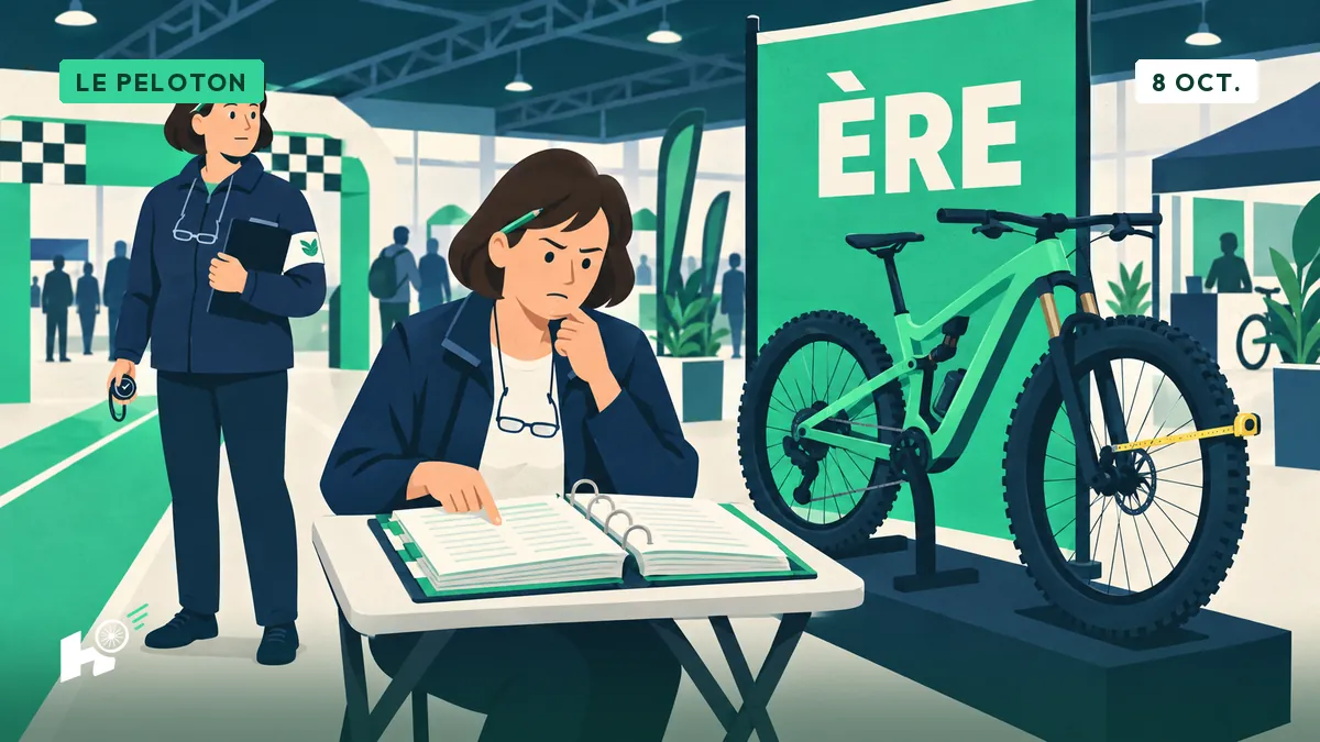 Myriam, commissaire, feuillette sa farde devant un VTT neuf et une banderole « ÈRE », un mètre posé sur la roue avant.