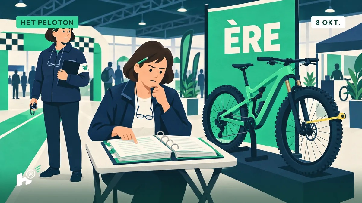 Myriam, commissaris, bladert door haar map voor een nieuwe mountainbike en een spandoek « ÈRE », met een meetlint op het voorwiel.