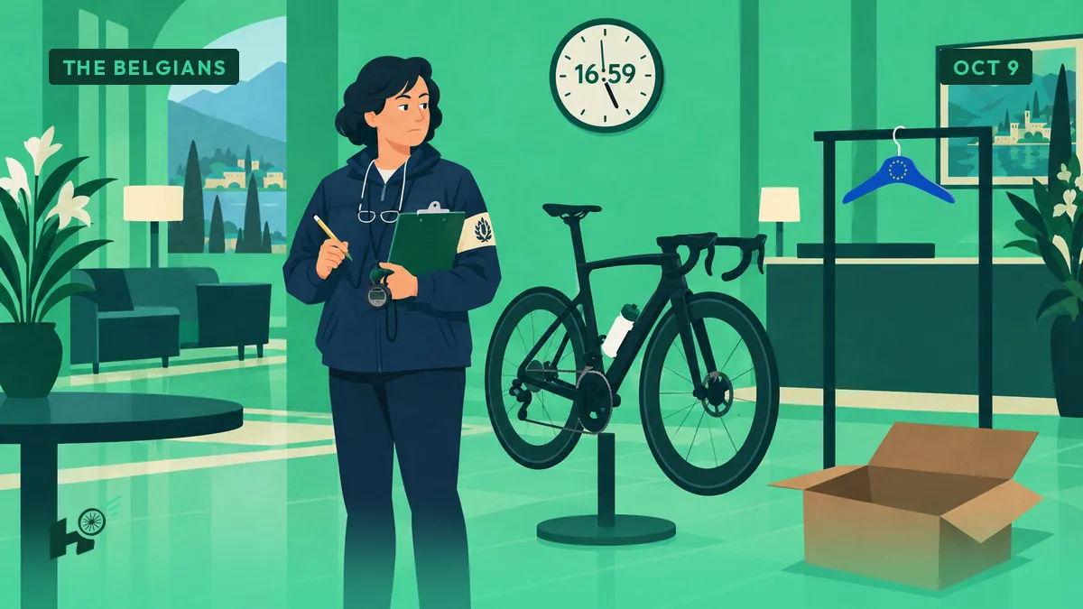 Myriam, a race commissioner, stares at an empty hanger beside a ready bike; the wall clock reads 16:59 and she holds a clipboard.