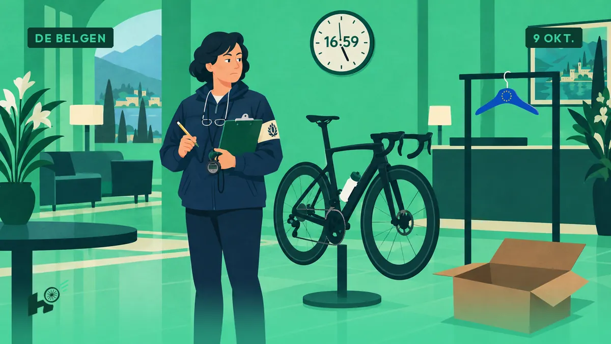 Myriam, de commissaris, staart naar een lege kleerhanger naast een klare fiets; de klok aan de muur wijst 16.59 uur aan.