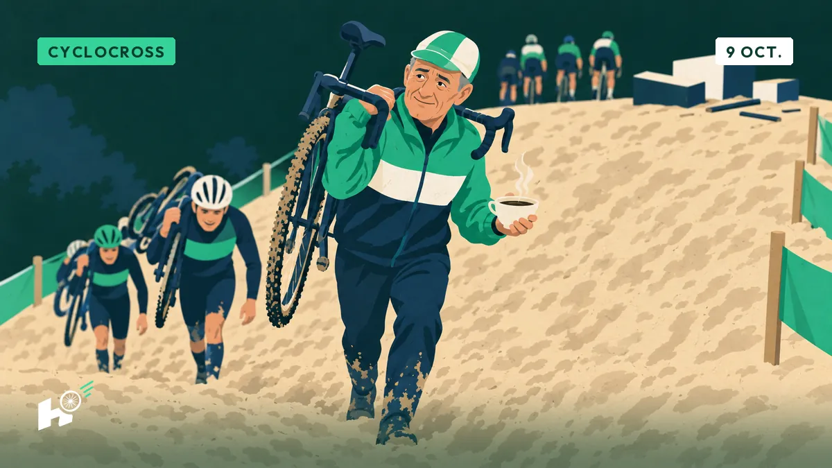 À Termonde, la pente de sable se monte à pied, Rik regarde ceux qui marchent derrière