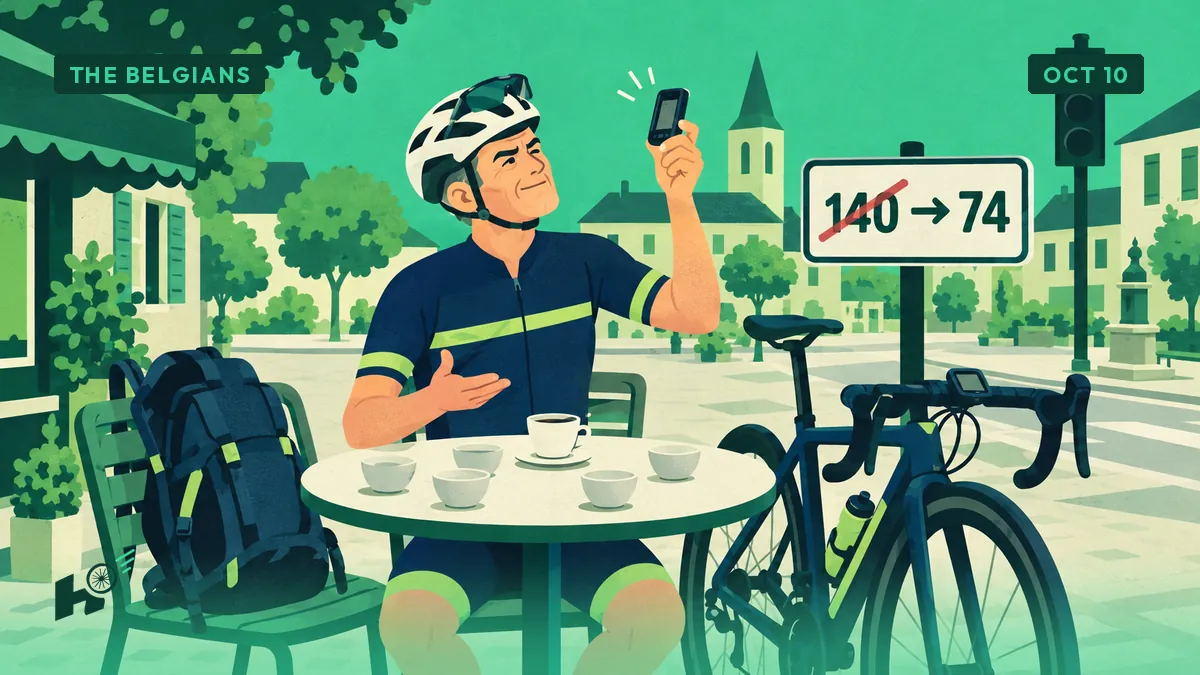 Xavier in cycling kit shows his bike computer on a café terrace, backpack on a chair and a red traffic light behind him.