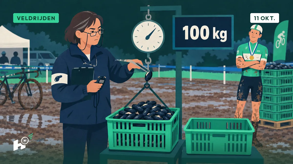 Myriam, commissaris, weegt mosselen op een grote weegschaal naast een pallet kratten op een parking van een veldrit.