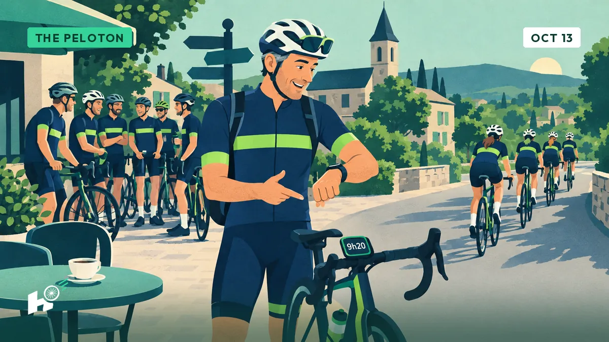 Xavier in cycling kit checks his watch on a village square while women riders who have already set off ride away down the road ahead of him.