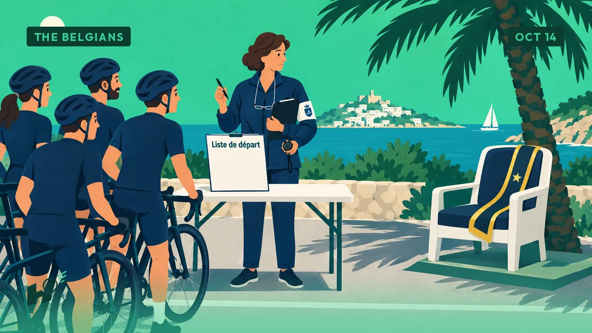 Myriam, clipboard in hand, looks at an empty chair with a gold sash while cyclists wait in Ibiza.