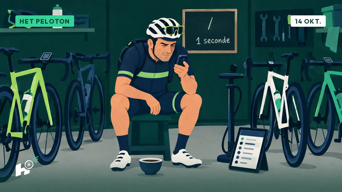 Xavier staat alleen in zijn garage tussen twee fietsen, houdt een fietscomputer vast en kijkt naar een tablet tegen een voetpomp, met een koffiekom naast zich.
