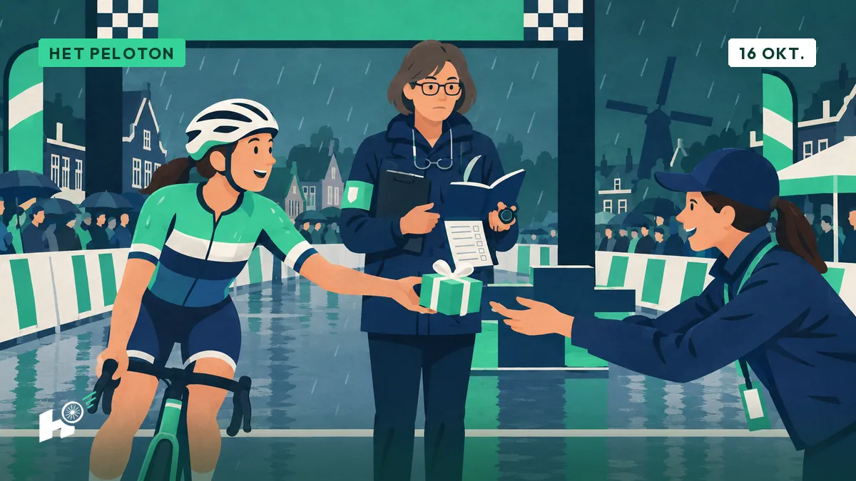 Myriam, commissaris, kijkt op de finish toe hoe een rensters alleen aankomt en een cadeaupakketje aan het team geeft, reglement open, pen in de lucht.