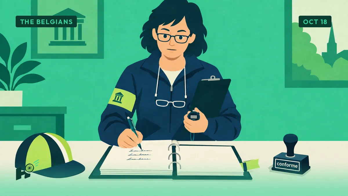 Myriam at her municipal desk writes a third line in a ledger with a ballpoint pen, a stamp beside it, with a tab reading '3e Belge'.