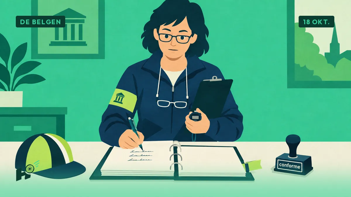 Myriam schrijft aan haar gemeentebureau met een balpen een derde regel in een register, naast een stempel, met het opschrift « 3e Belge ».